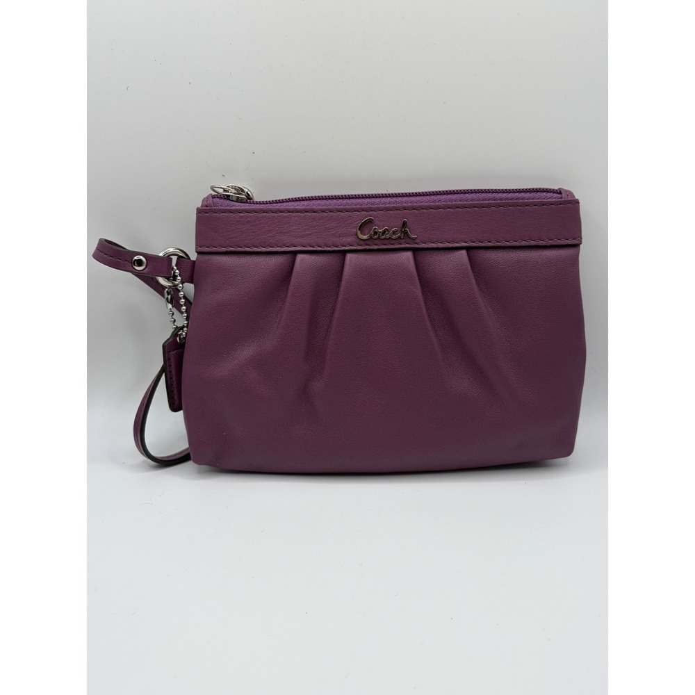 Coach Madison Purple Leather Pleated Wristlet Clutch Bag 46611 Plum Silver Logo